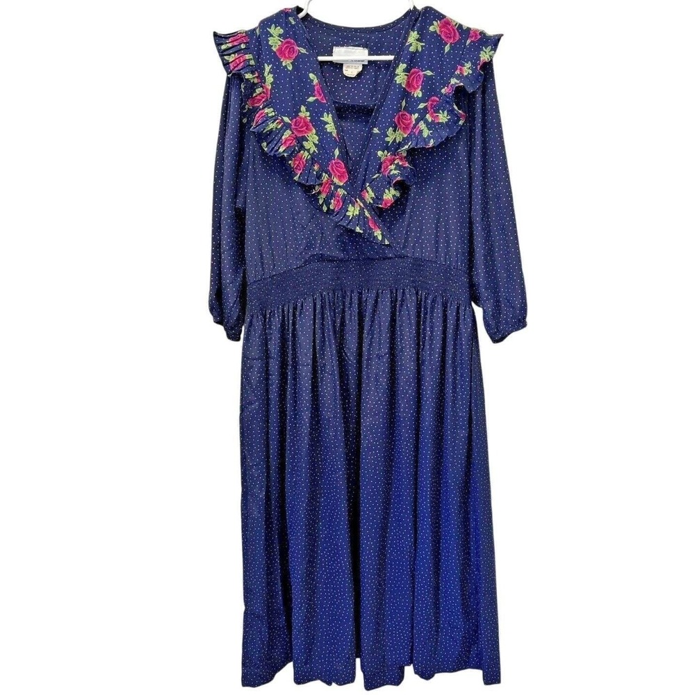 Toni Todd Midi Dress Womens 8 Blue Vintage 80s Floral Polka Dot Ruffle Smocked